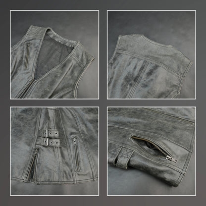 Women distressed grey leather biker vest with front zip and buckle