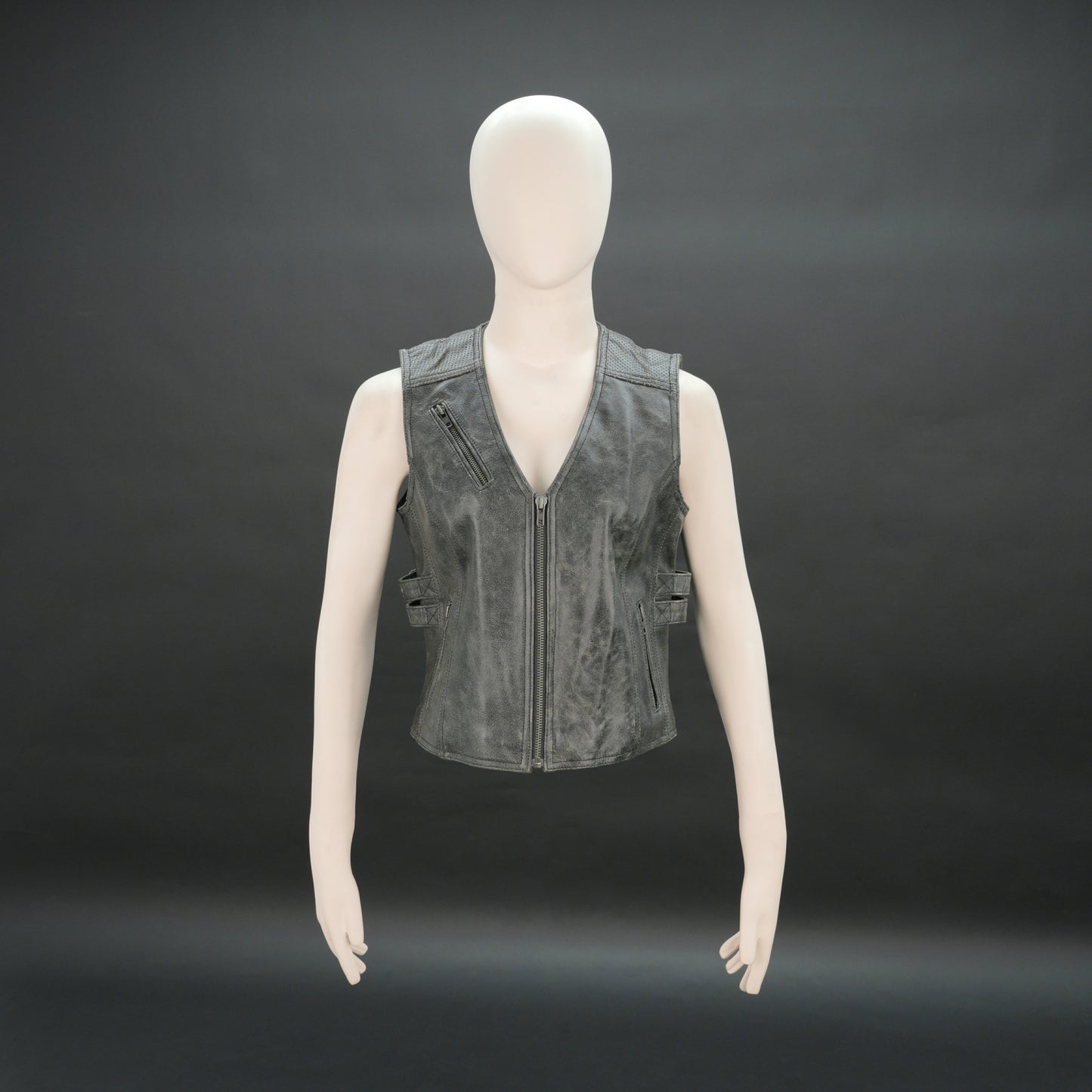 Women distressed grey leather biker vest with front zip and buckle