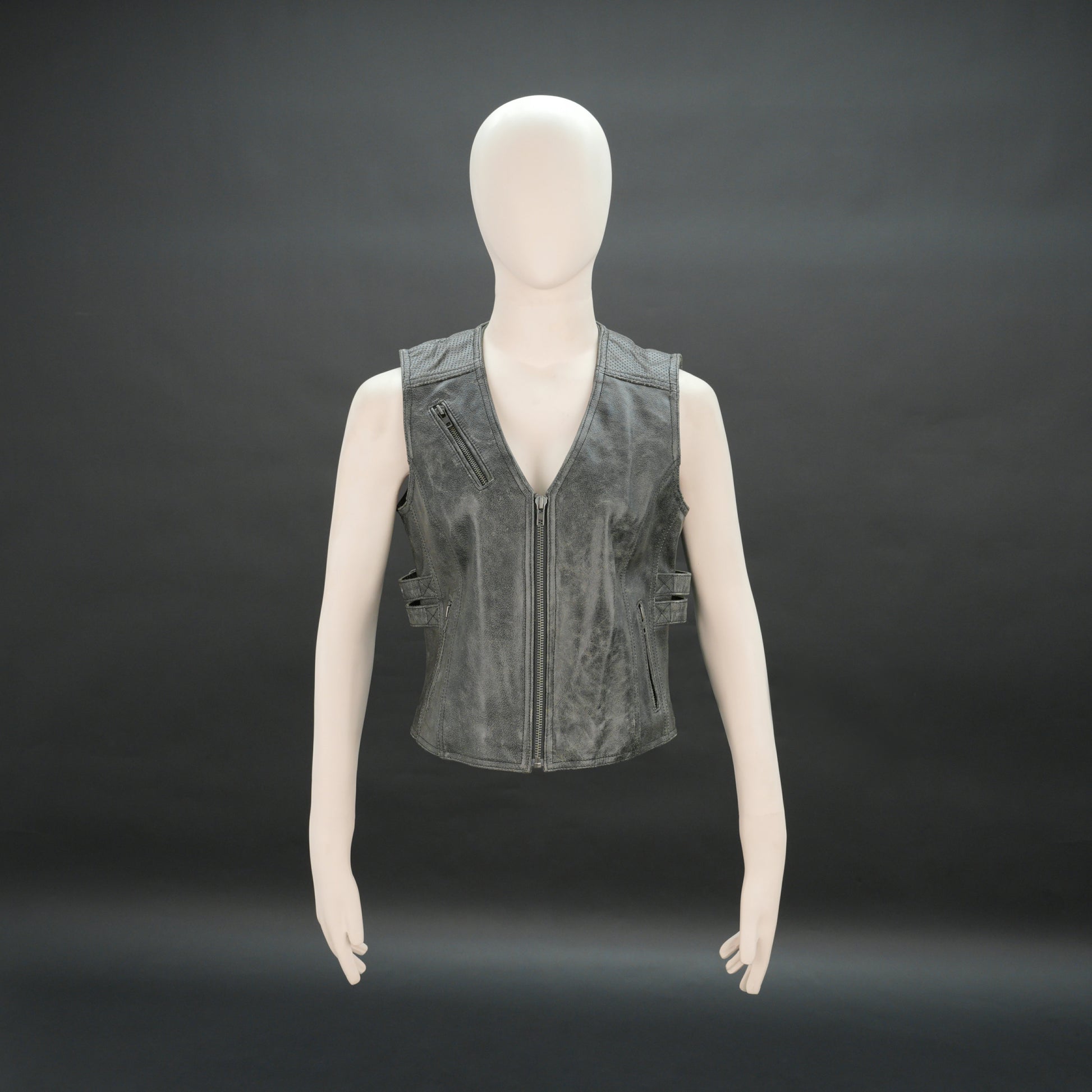 Women distressed grey leather biker vest with front zip and buckle