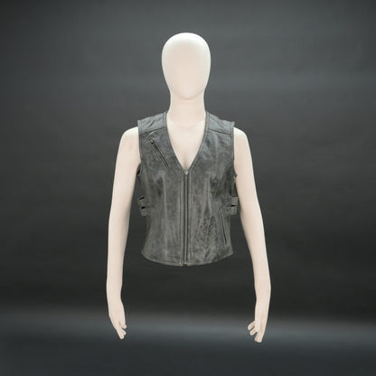 Women distressed grey leather biker vest with front zip and buckle