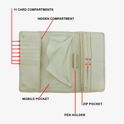 Beige leather clutch with two open pockets, one zip pocket, and eleven card slots