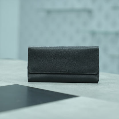 Black leather clutch with two open pockets, one zip pocket, and eleven card slots for organized storage