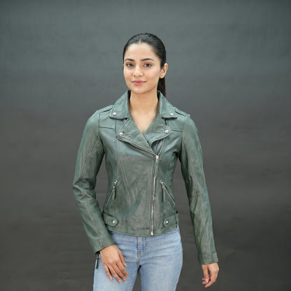 Green lambskin leather biker jacket with asymmetrical zip and slim fit.