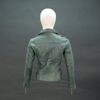Green lambskin leather biker jacket with asymmetrical zip and slim fit.
