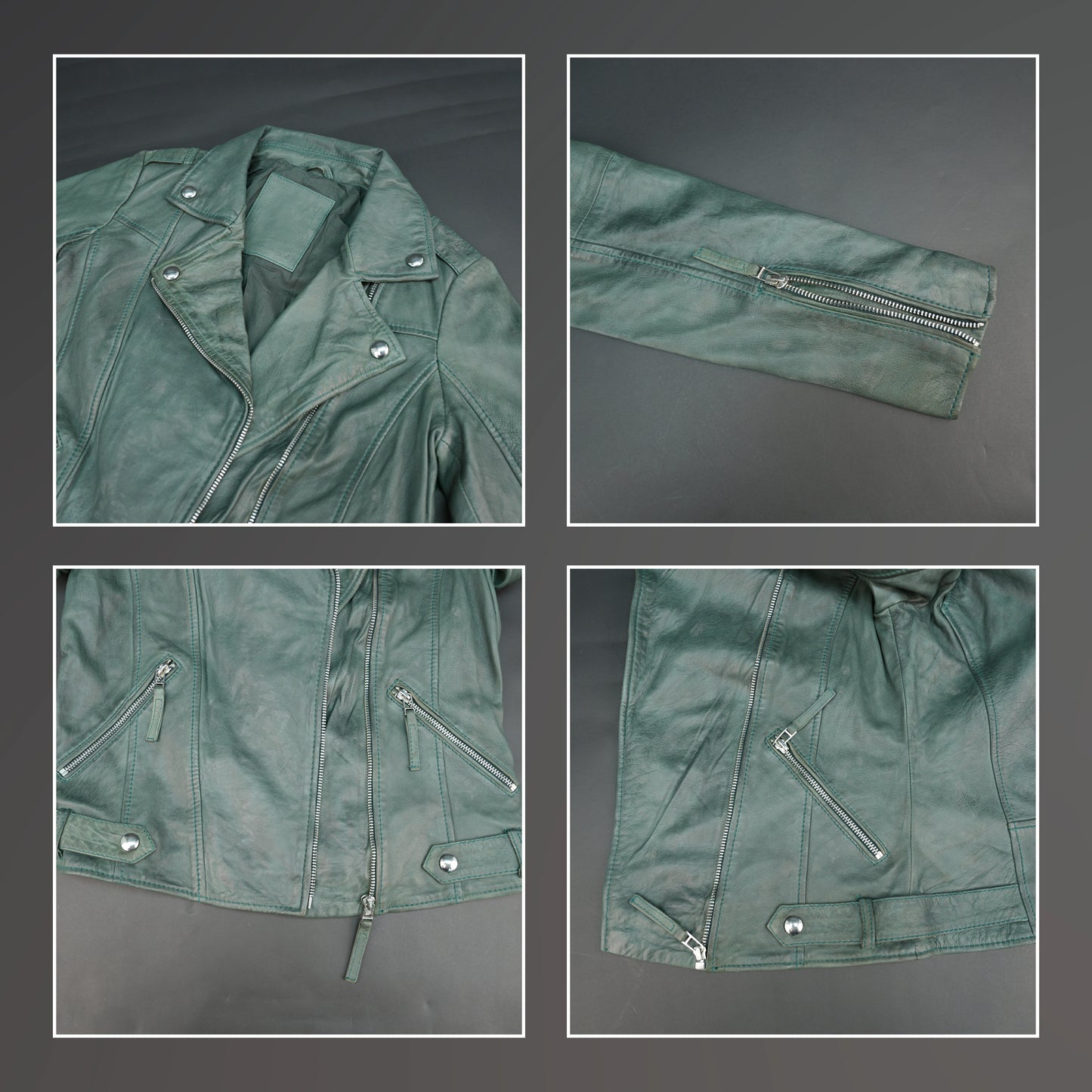 Green lambskin leather biker jacket with asymmetrical zip and slim fit.