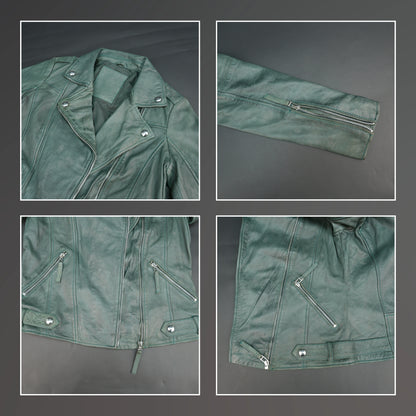 Green lambskin leather biker jacket with asymmetrical zip and slim fit.