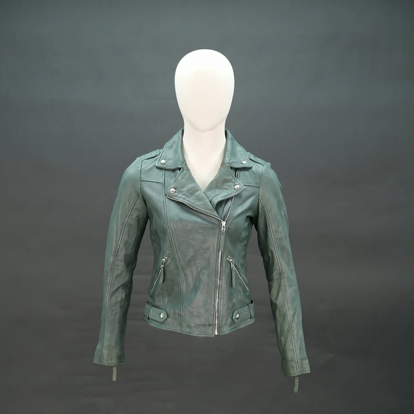Green lambskin leather biker jacket with asymmetrical zip and slim fit.