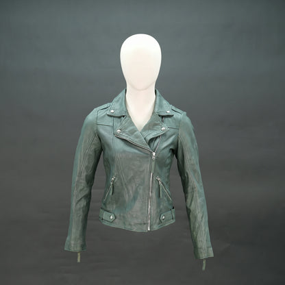 Green lambskin leather biker jacket with asymmetrical zip and slim fit.