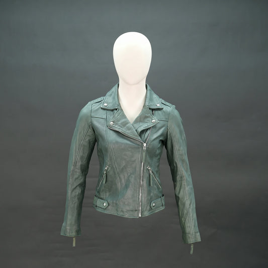 Green lambskin leather biker jacket with asymmetrical zip and slim fit.