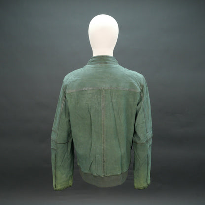 Green leather jacket with mandarin collar, zip closure, and slim fit.