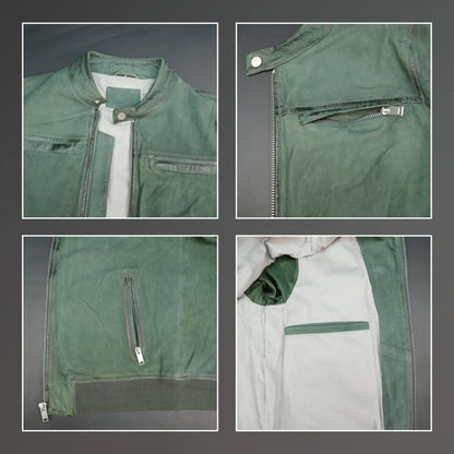 Green leather jacket with mandarin collar, zip closure, and slim fit.