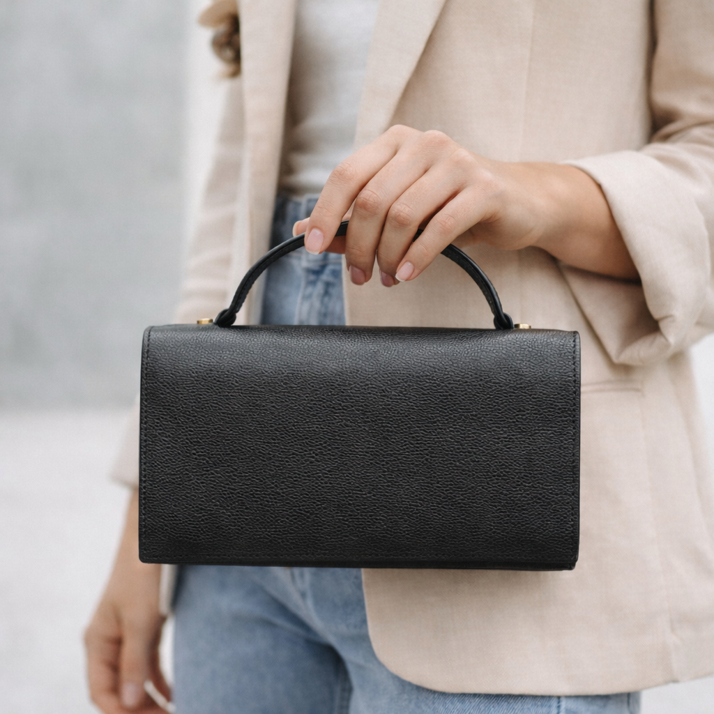 Leather grab handle bag with two open pockets, durable construction, and versatile design for everyday use