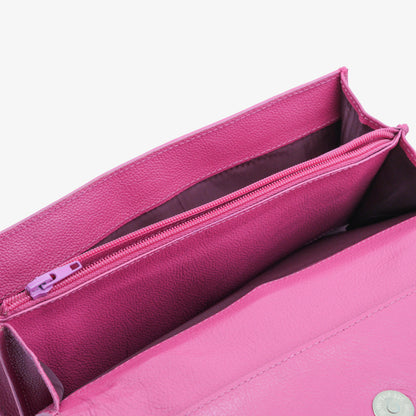 Pink leather clutch with three main compartments, one zip pocket, and three card pockets for organized storage