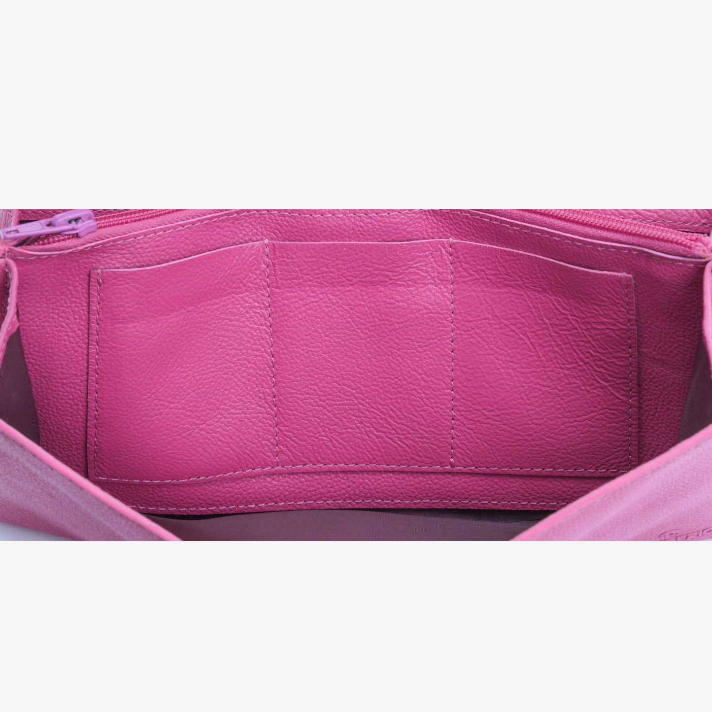 Pink leather clutch with three main compartments, one zip pocket, and three card pockets for organized storage