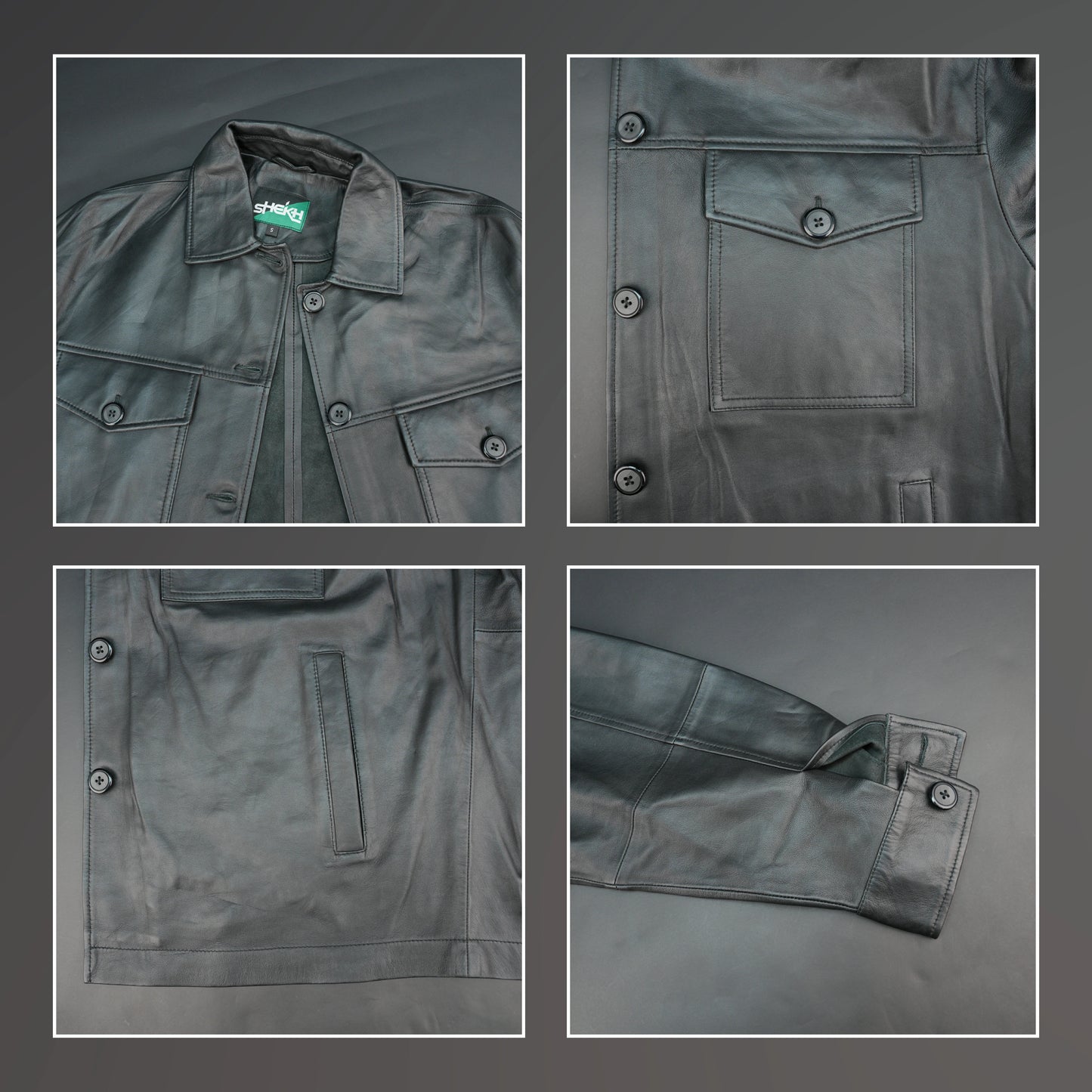 Black leather jacket with button closure, flap pockets, and relaxed fit.