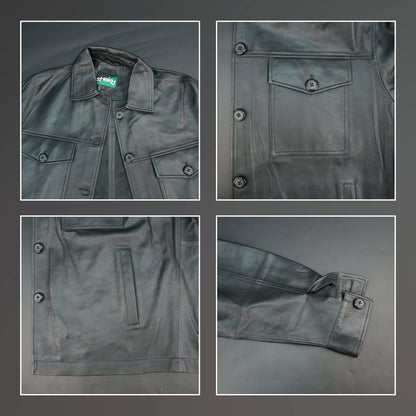 Black leather jacket with button closure, flap pockets, and relaxed fit.