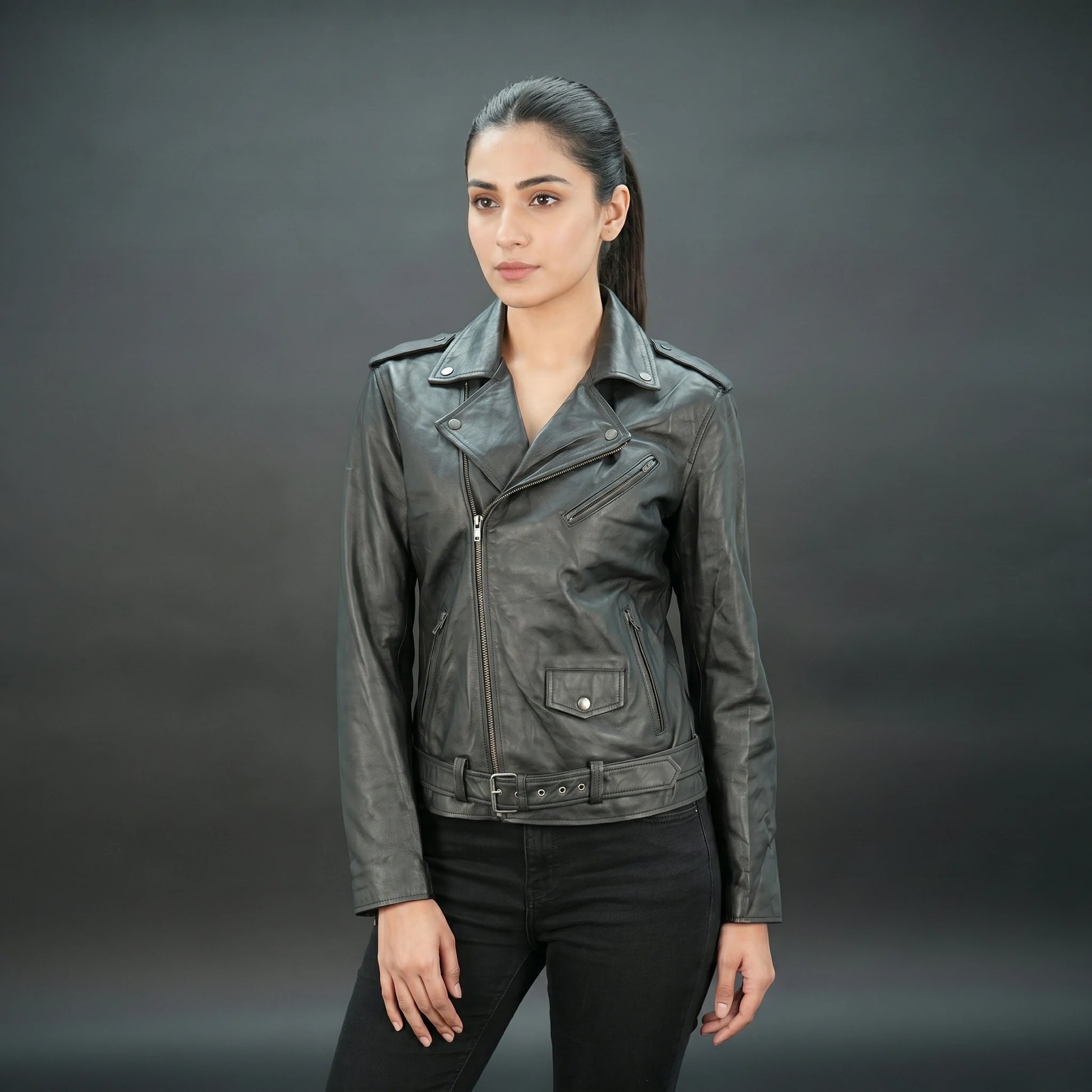 Black leather jacket with asymmetric zip, quilted details, and slim fit.