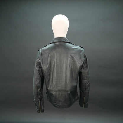 Black leather jacket with asymmetric zip, quilted details, and slim fit.