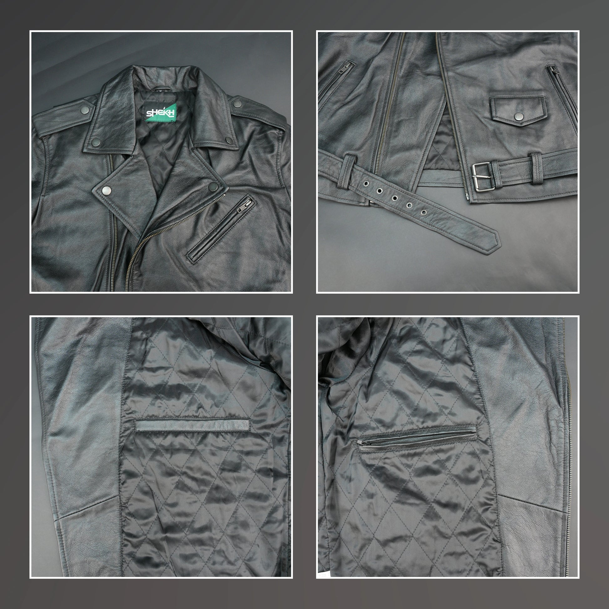 Black leather jacket with asymmetric zip, quilted details, and slim fit.