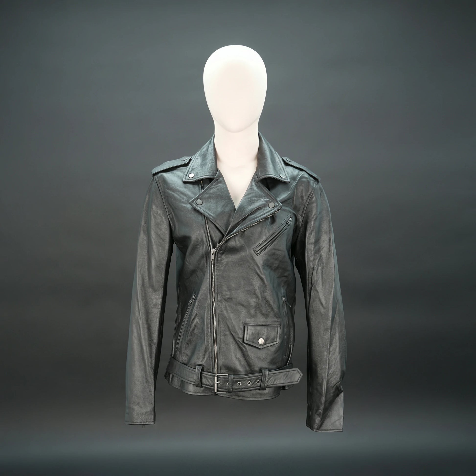 Black leather jacket with asymmetric zip, quilted details, and slim fit.