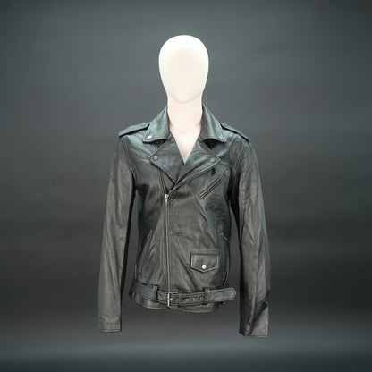 Black leather jacket with asymmetric zip, quilted details, and slim fit.
