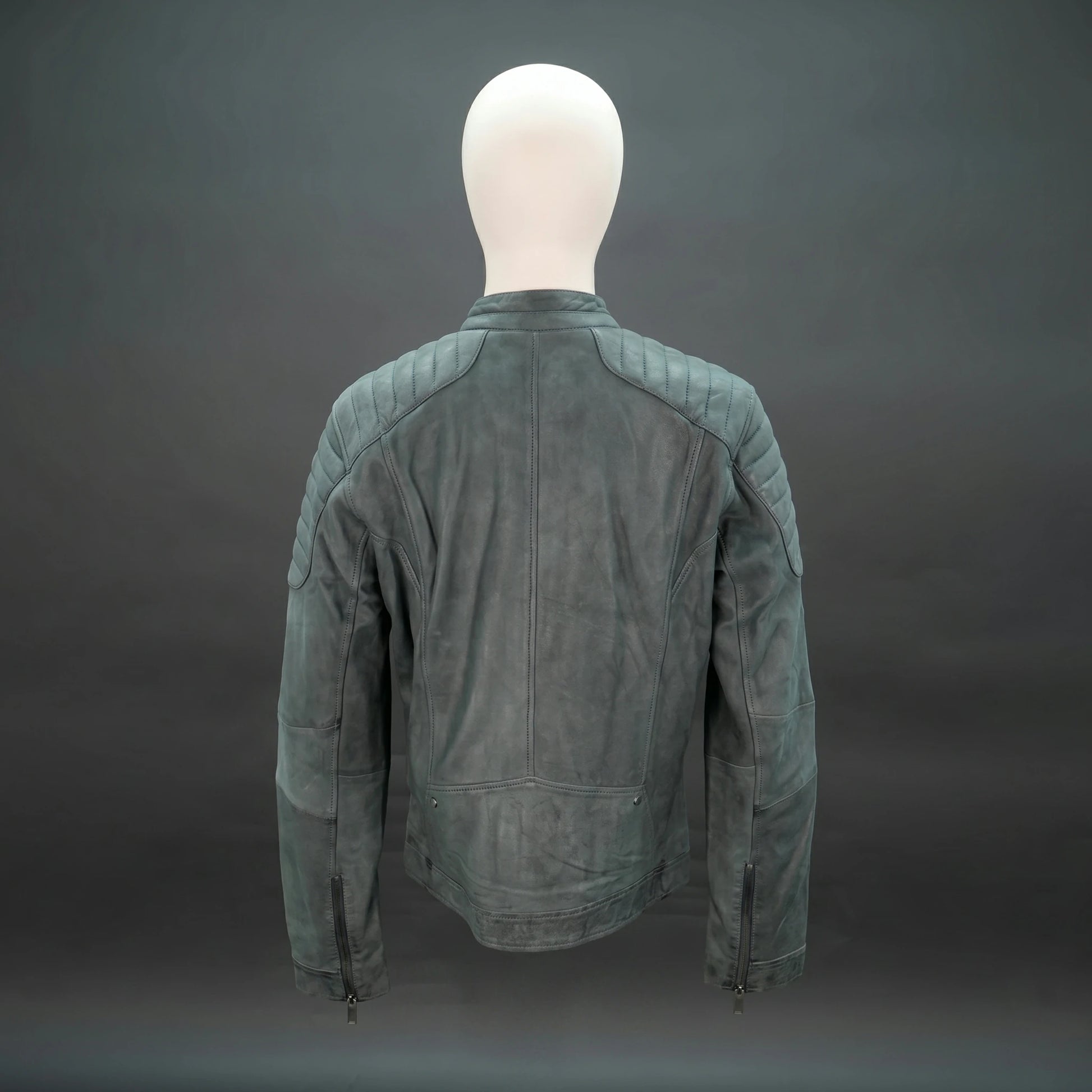 Grey leather jacket with stand collar, quilted shoulders, and slim fit.