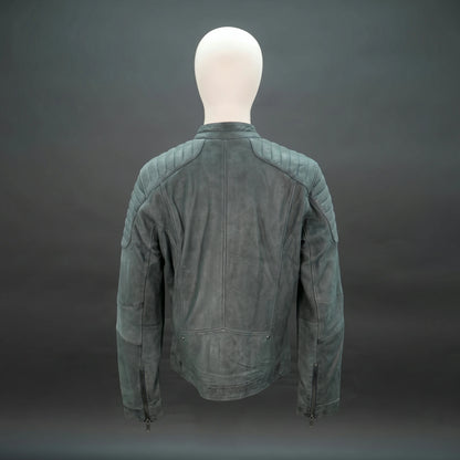 Grey leather jacket with stand collar, quilted shoulders, and slim fit.