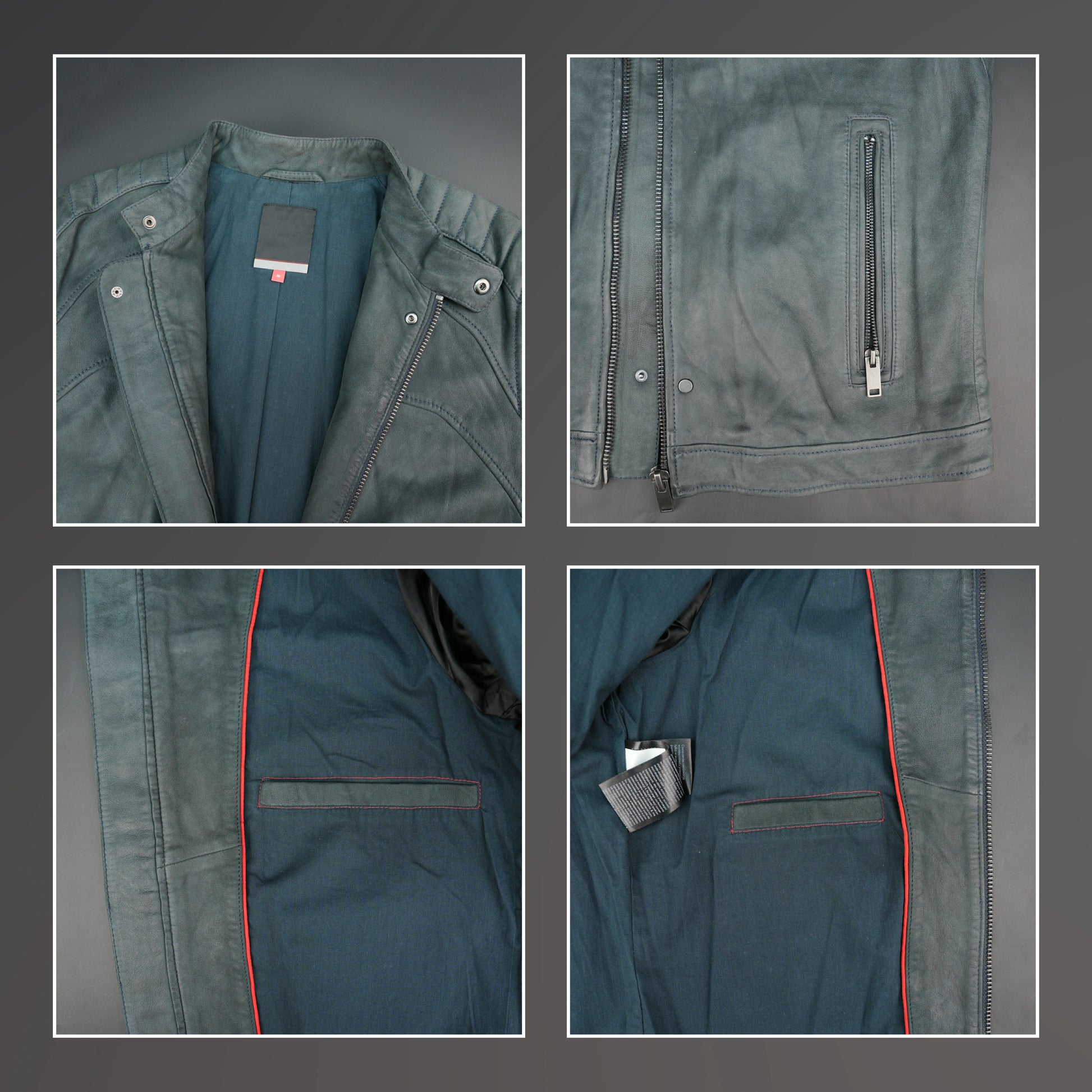 Grey leather jacket with stand collar, quilted shoulders, and slim fit.