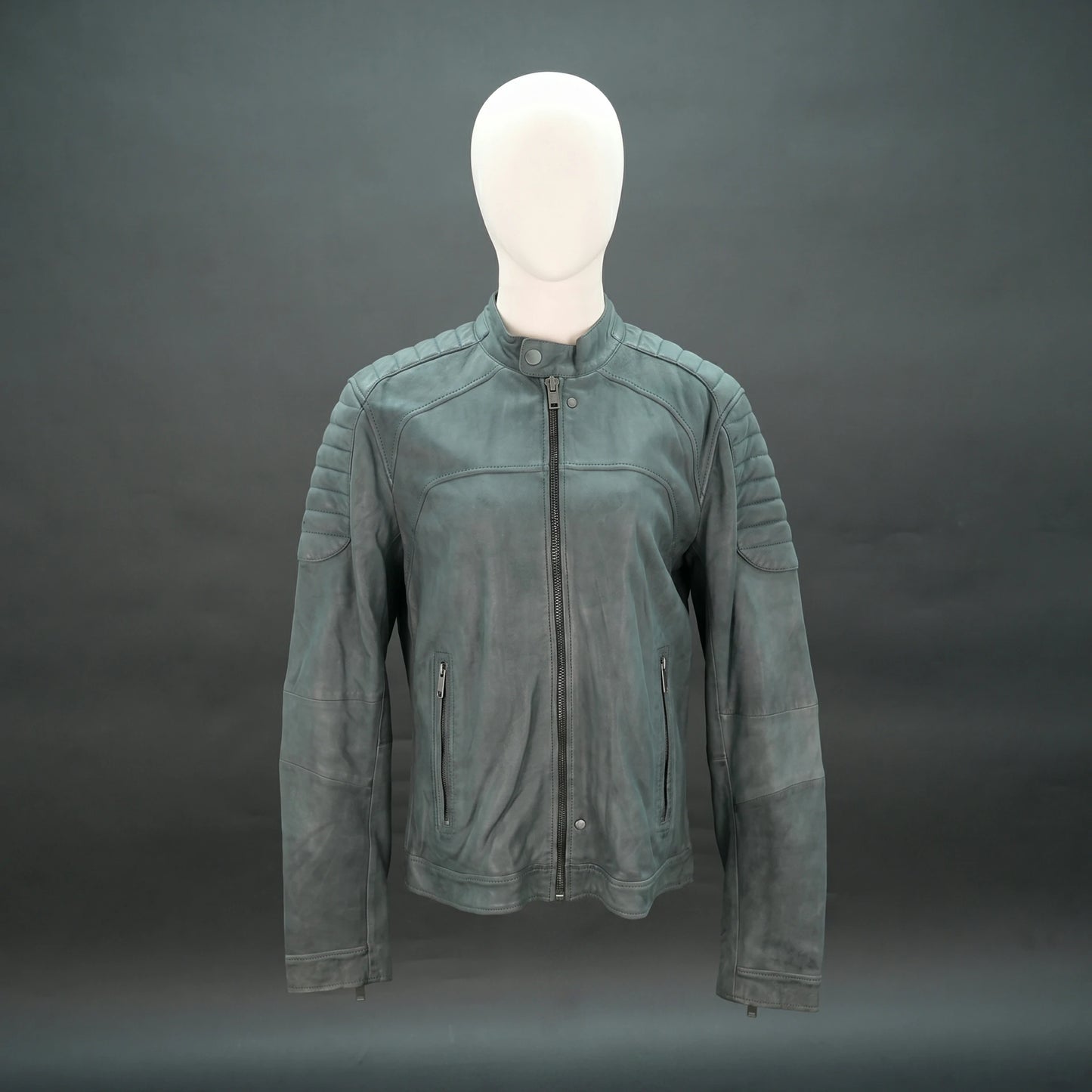 Grey leather jacket with stand collar, quilted shoulders, and slim fit.