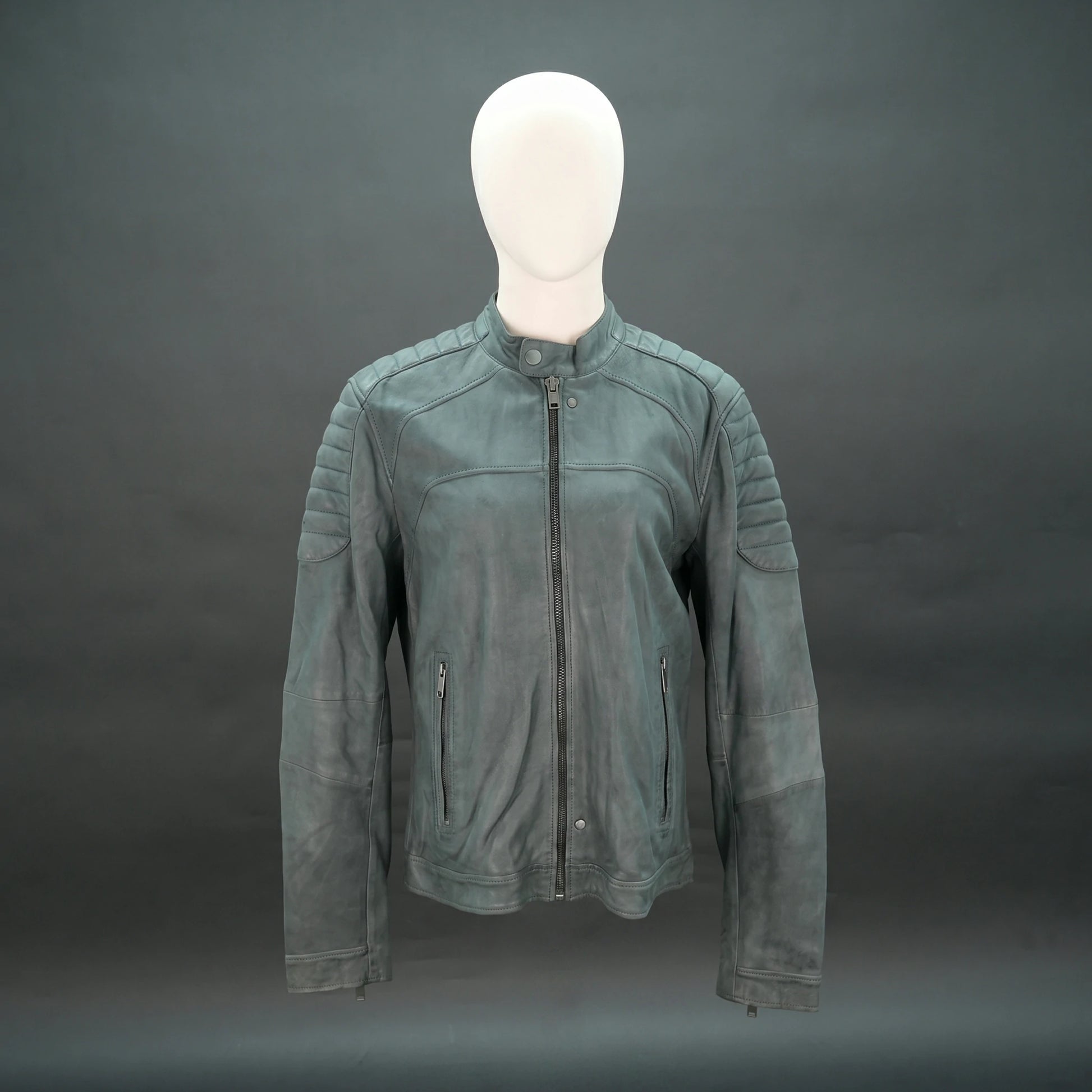 Grey leather jacket with stand collar, quilted shoulders, and slim fit.