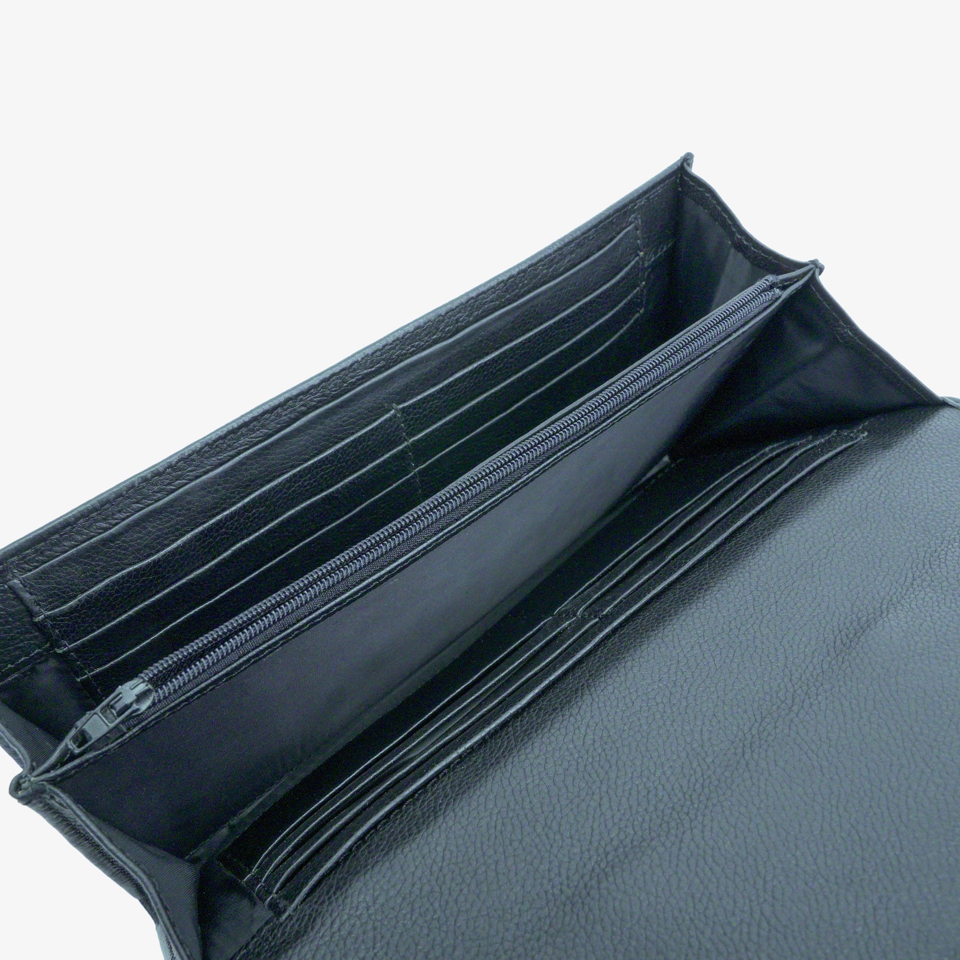 Black leather clutch with three compartments, sixteen card slots, a zip pocket, cash compartment, and key for security