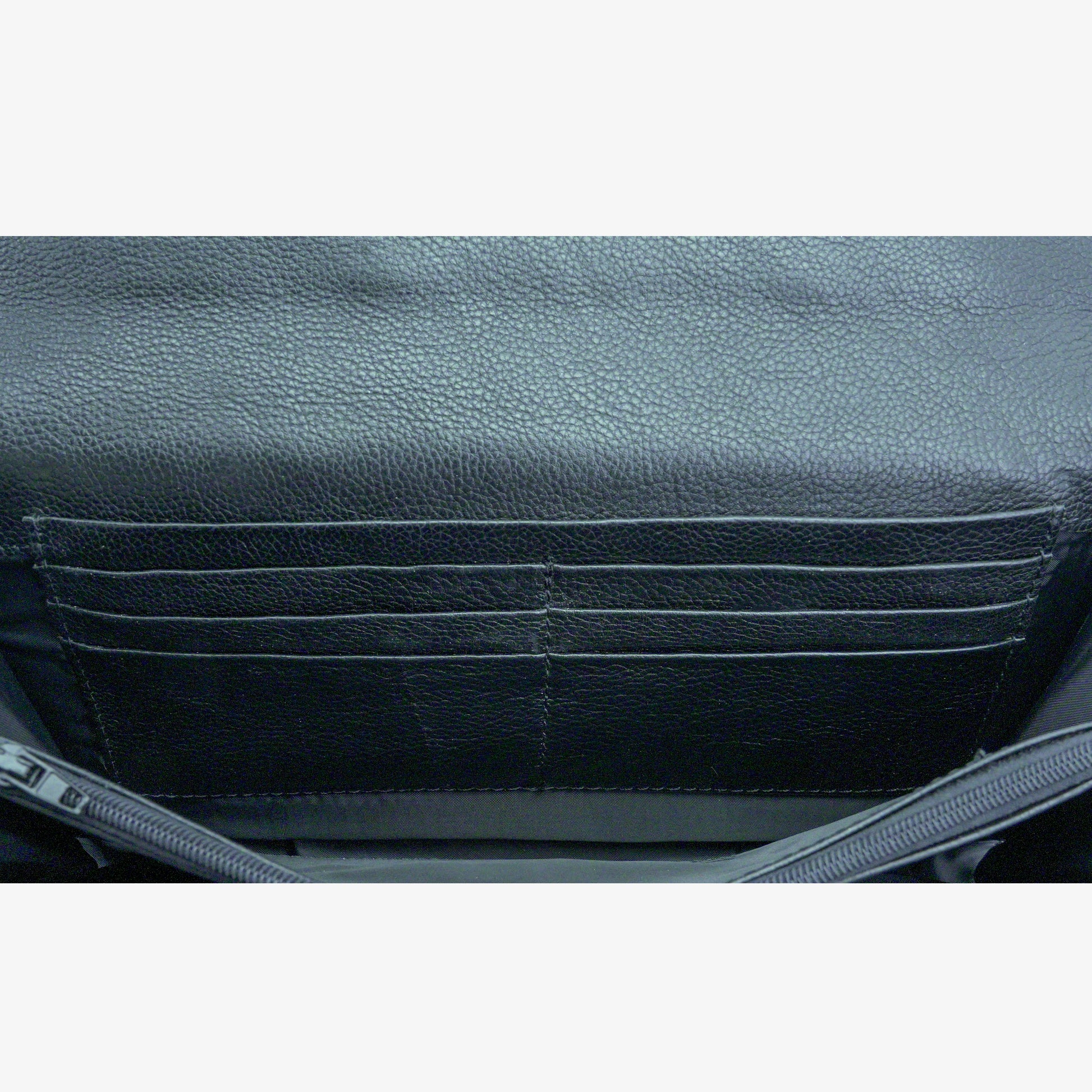 Black leather clutch with three compartments, sixteen card slots, a zip pocket, cash compartment, and key for security