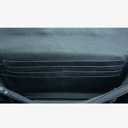 Black leather clutch with three compartments, sixteen card slots, a zip pocket, cash compartment, and key for security