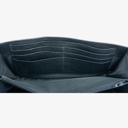 Black leather clutch with three compartments, sixteen card slots, a zip pocket, cash compartment, and key for security