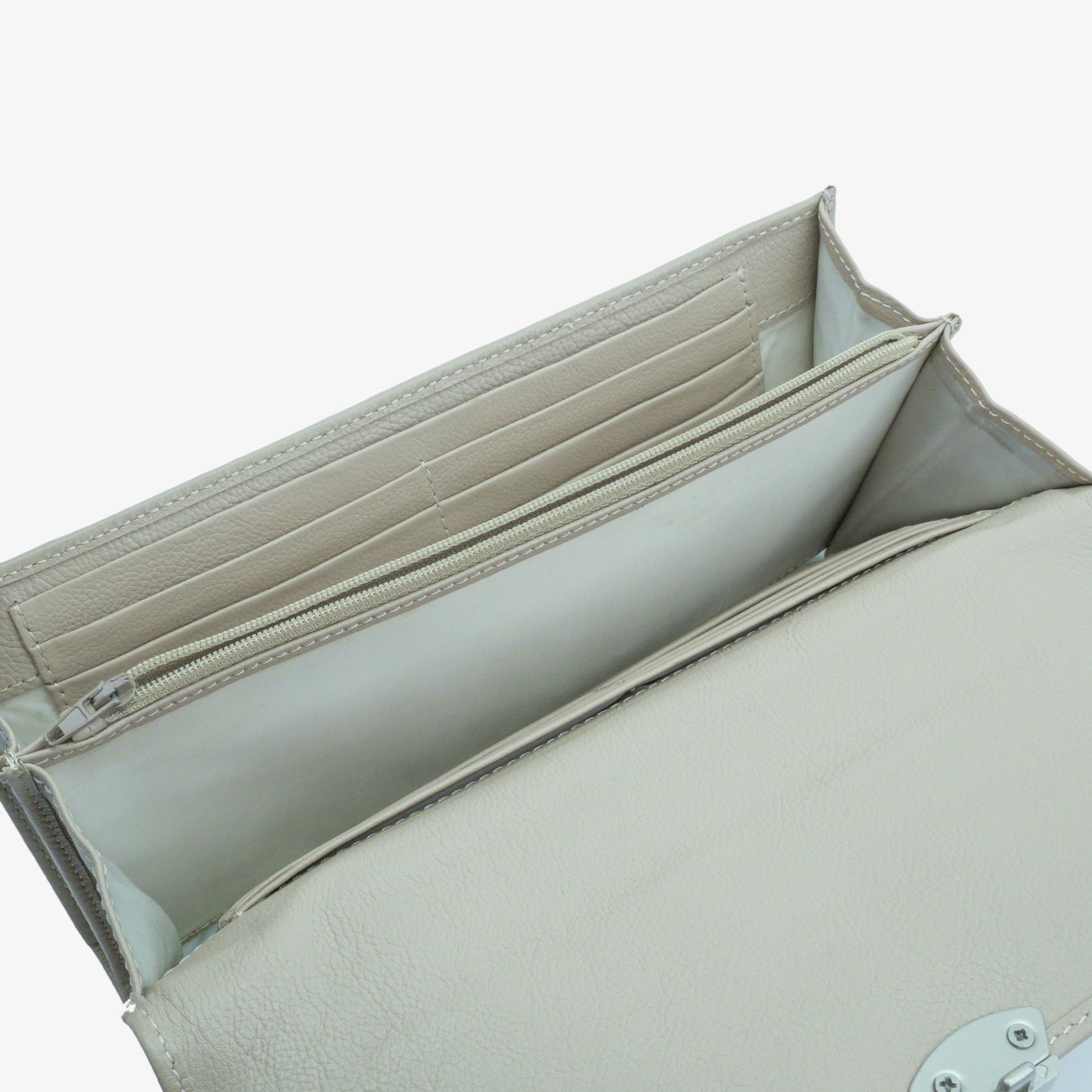Beige leather clutch with three compartments, sixteen card slots, one zip pocket, cash compartment, and key for security