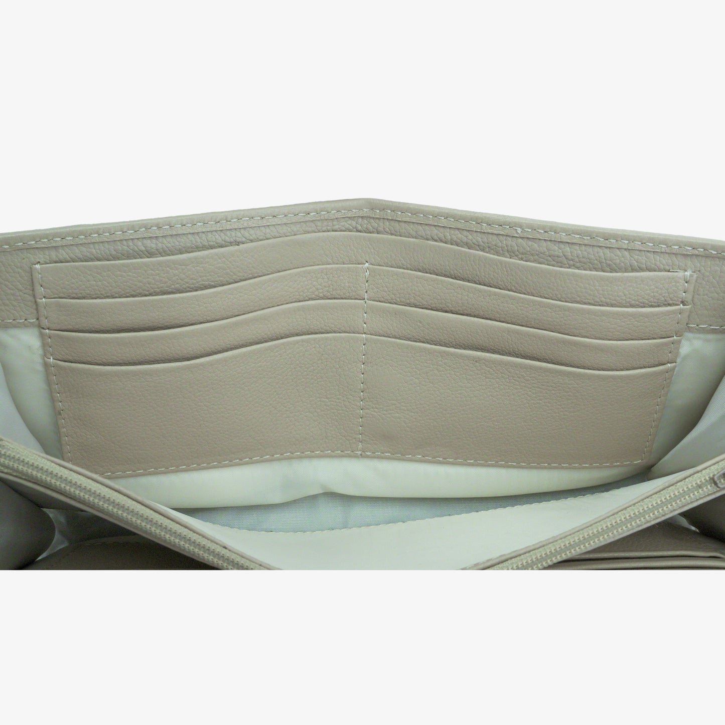 Beige leather clutch with three compartments, sixteen card slots, one zip pocket, cash compartment, and key for security