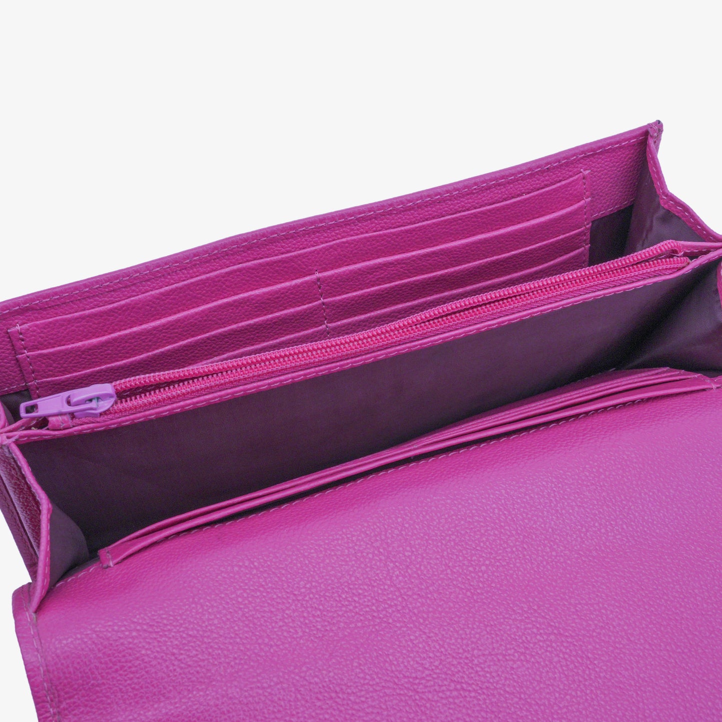 Pink leather clutch with three compartments, sixteen card slots, a zip pocket, cash compartment, and key for security