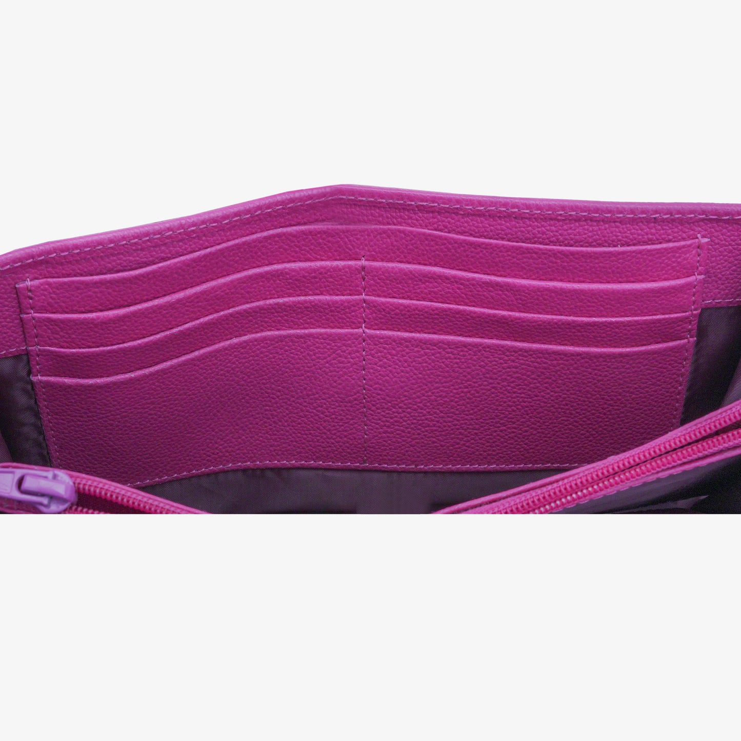 Pink leather clutch with three compartments, sixteen card slots, a zip pocket, cash compartment, and key for security
