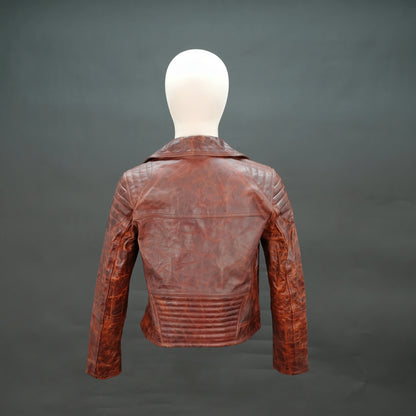 Reddish-brown distressed leather biker jacket with asymmetrical zip.