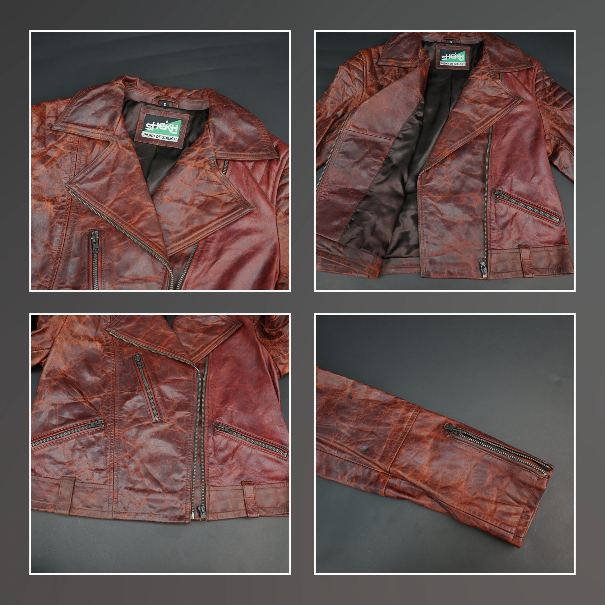 Reddish-brown distressed leather biker jacket with asymmetrical zip.