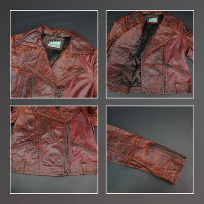 Reddish-brown distressed leather biker jacket with asymmetrical zip.