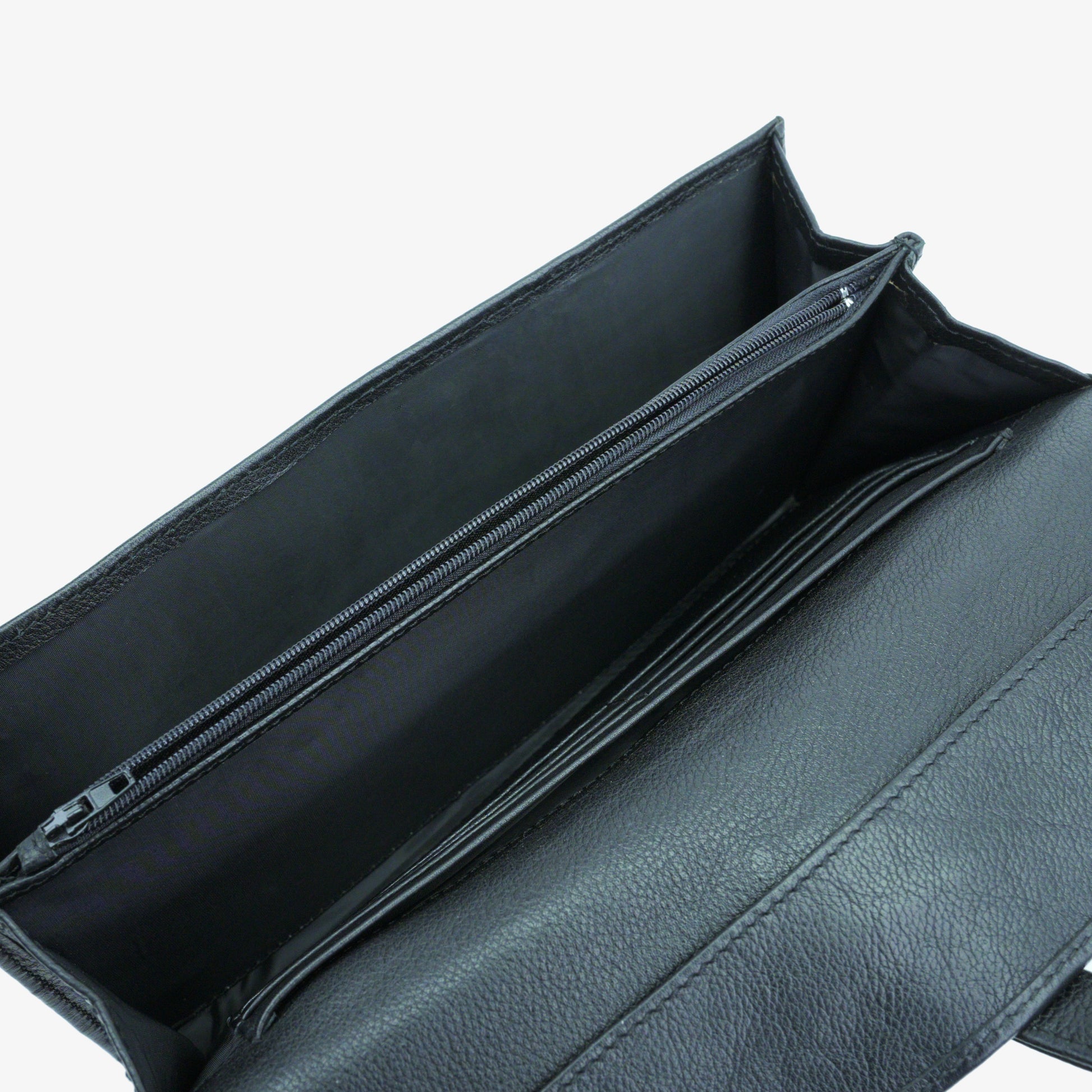Black leather mini clutch with three compartments, sixteen card slots, and zip pocket, compact and elegant