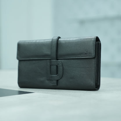 Black leather mini clutch with three compartments, sixteen card slots, and zip pocket, compact and elegant
