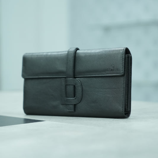 Black leather mini clutch with three compartments, sixteen card slots, and zip pocket, compact and elegant