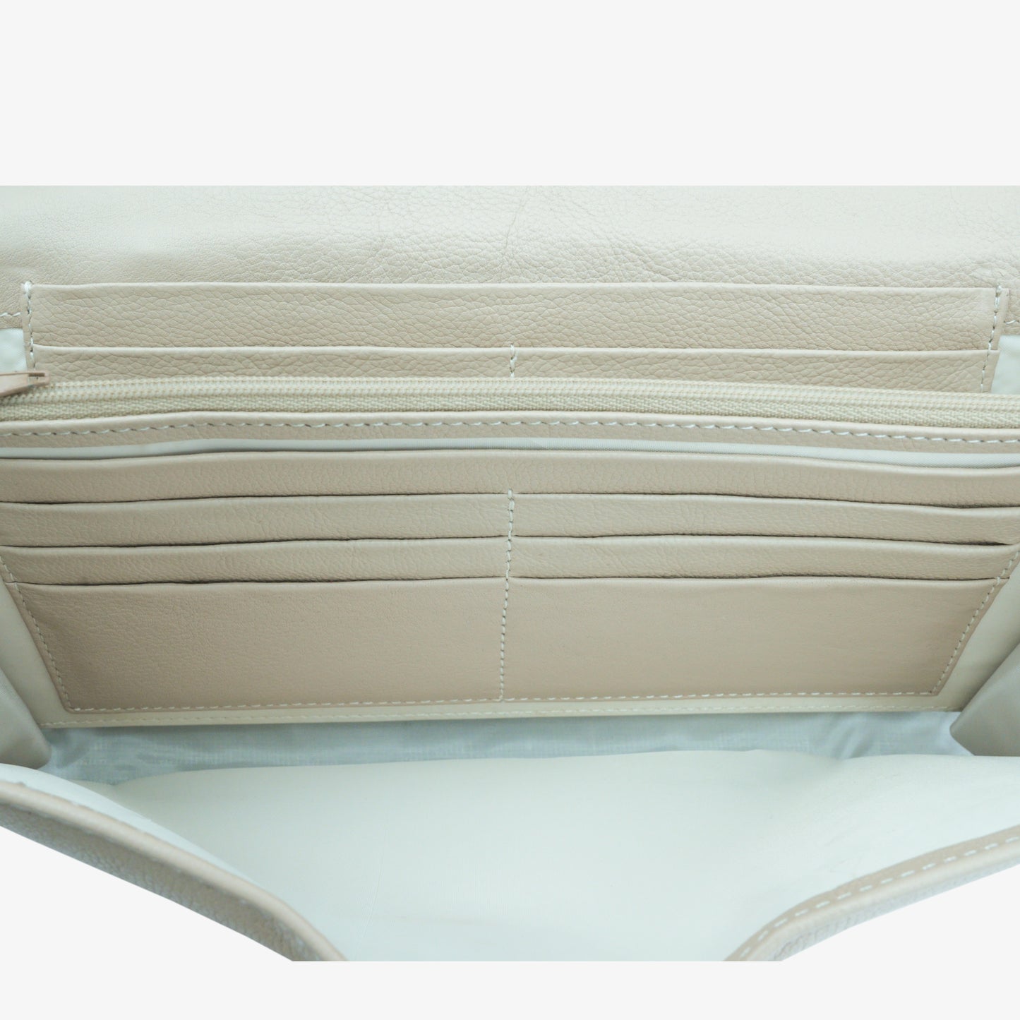 Beige leather mini clutch with three compartments, sixteen card slots, and a zip pocket