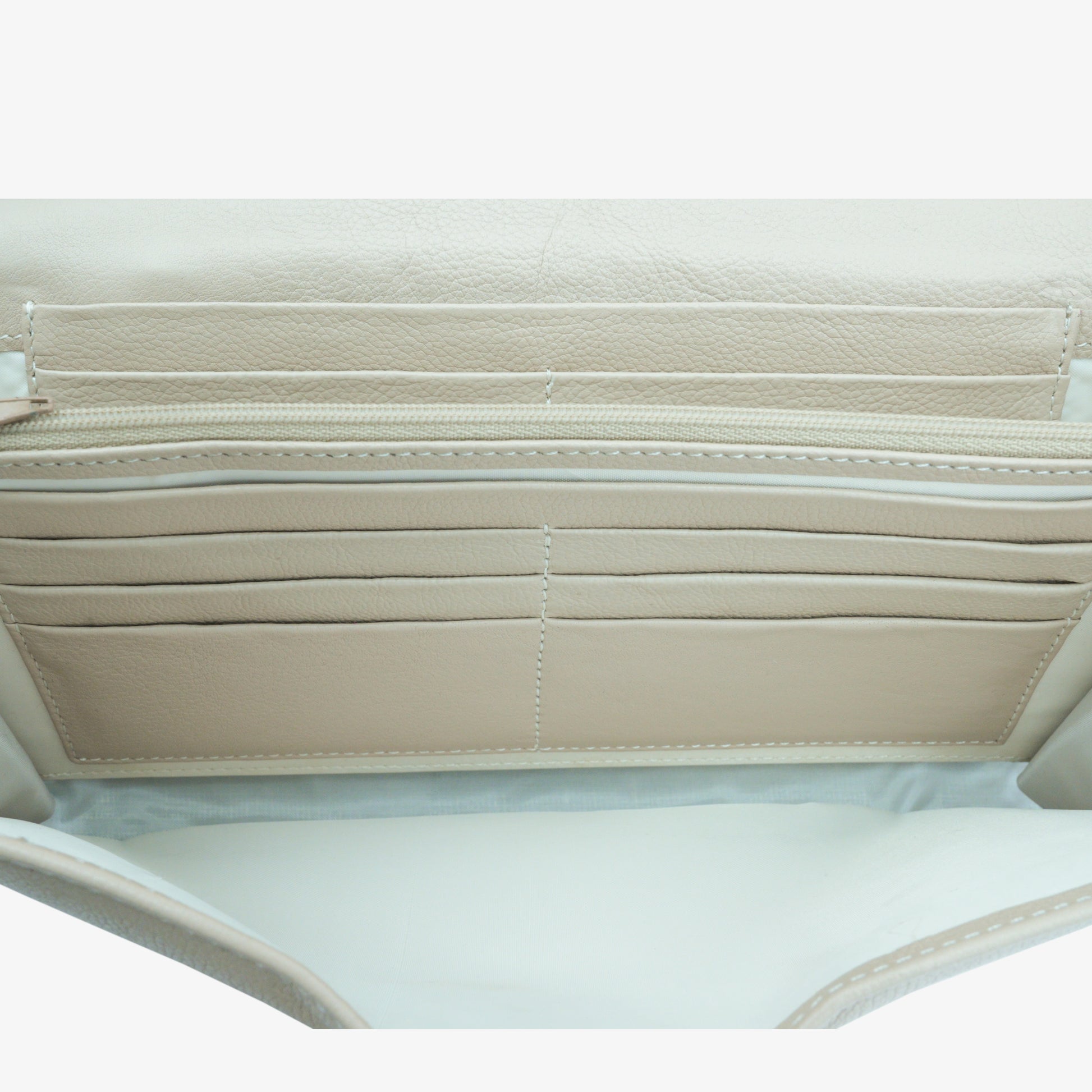 Beige leather mini clutch with three compartments, sixteen card slots, and a zip pocket