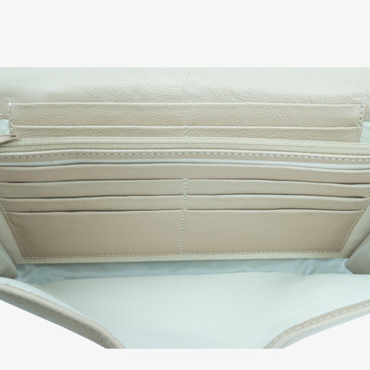 Beige leather mini clutch with three compartments, sixteen card slots, and a zip pocket