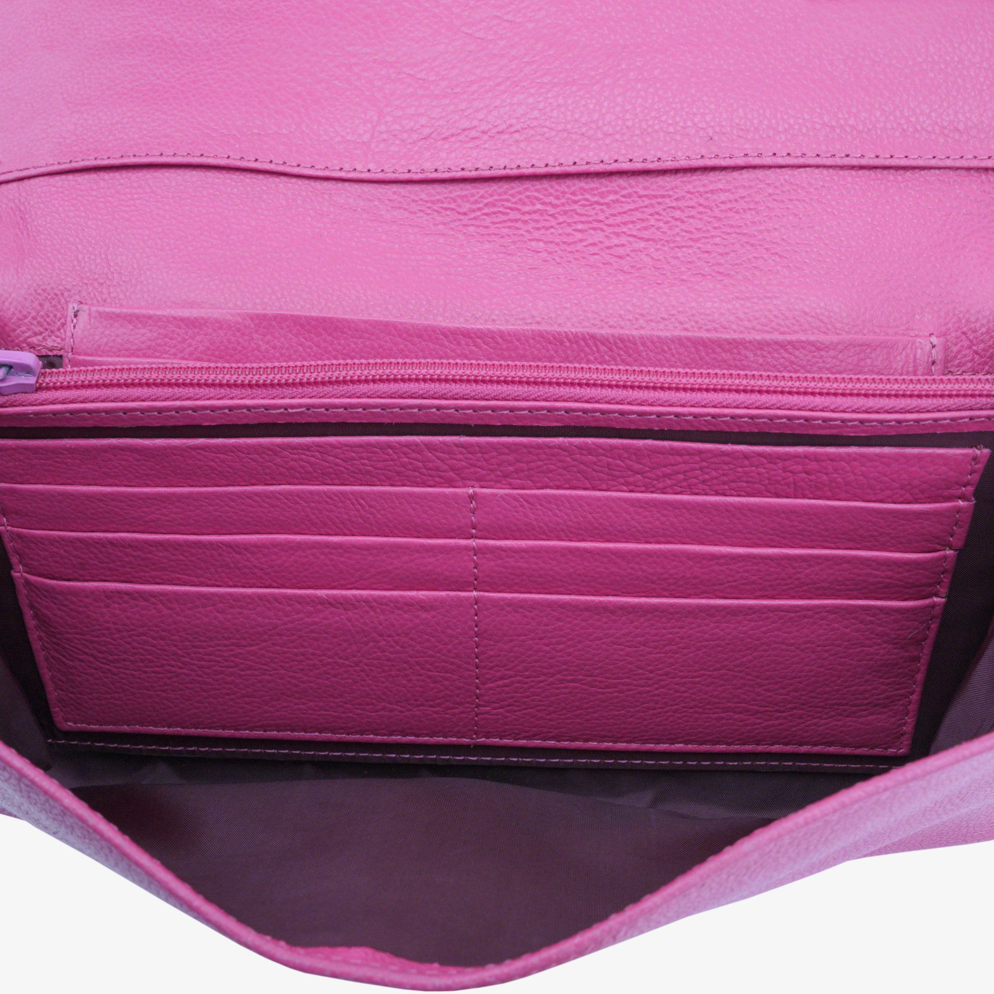 Compact pink leather mini clutch with three compartments, sixteen card slots, and zip pocket, combining sleek design with everyday functionality