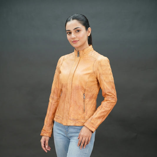 Tan distressed leather biker jacket with stand-up zip collar and quilted detailing.