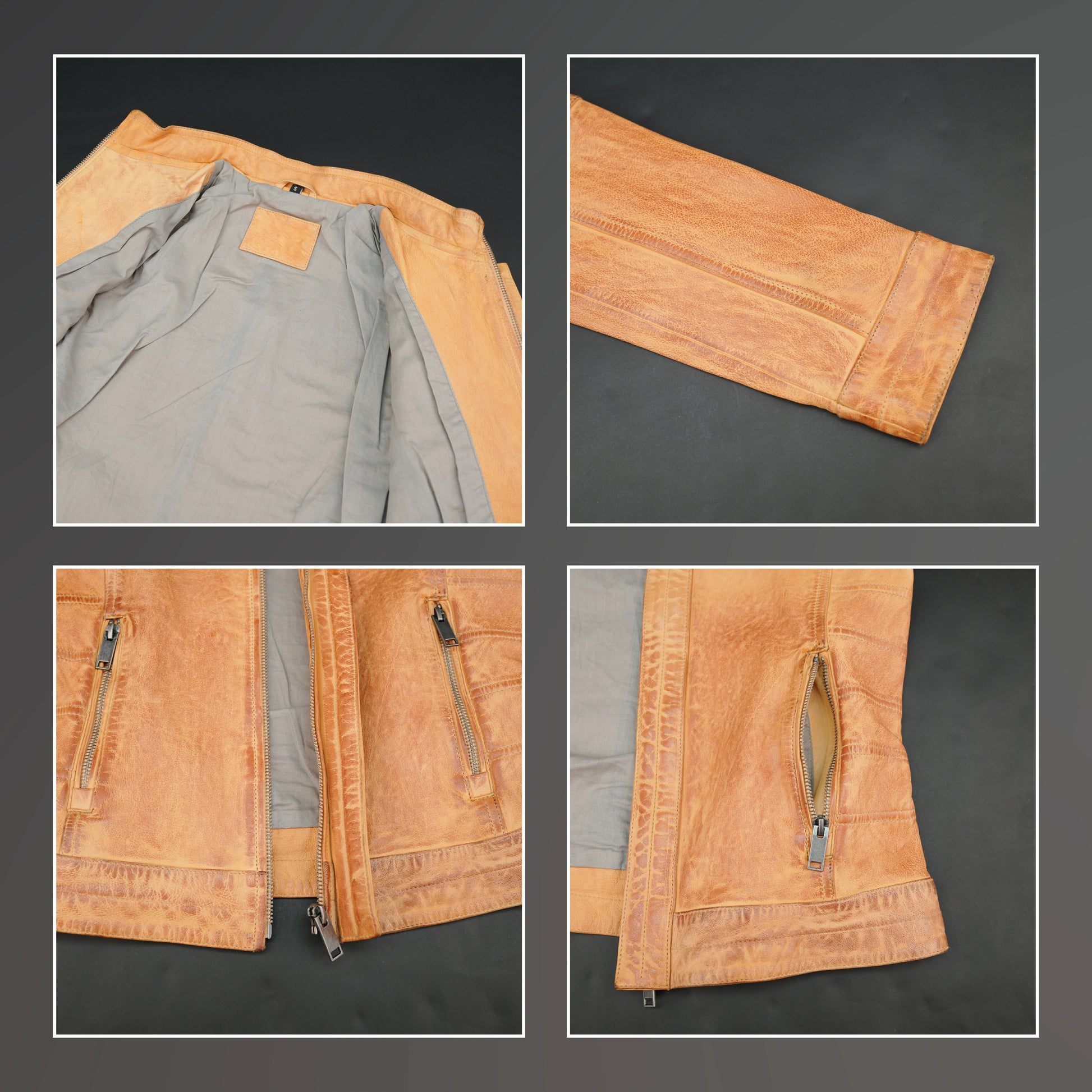 Tan distressed leather biker jacket with stand-up zip collar and quilted detailing.